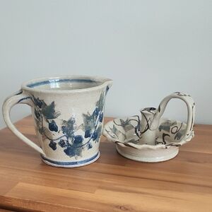 Handcrafted Ceramic Pitcher and Candle Holder Set - Blue and Cream